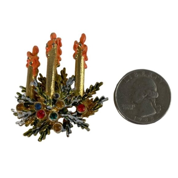 Triple Christmas Candle Brooch Lapel Pin Multicolor Rhinestones w/Greenery - Picture 10 of 12